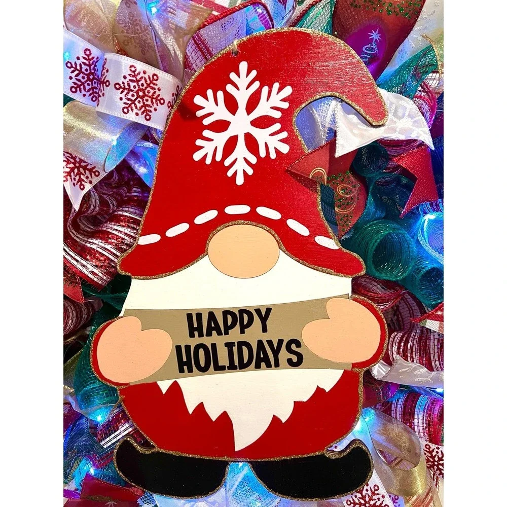 Christmas Snowflake Gnome Holiday Ribbon Door Wreath Handmade 22 ins LED W7